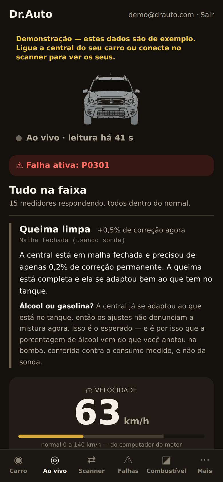 Tela Ao vivo do Dr.Auto, com medidores e a análise da queima